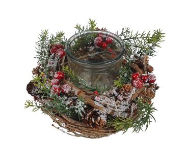 Preview: Weihnachtskranz mit Glas Windlicht und roten Beeren 22cm